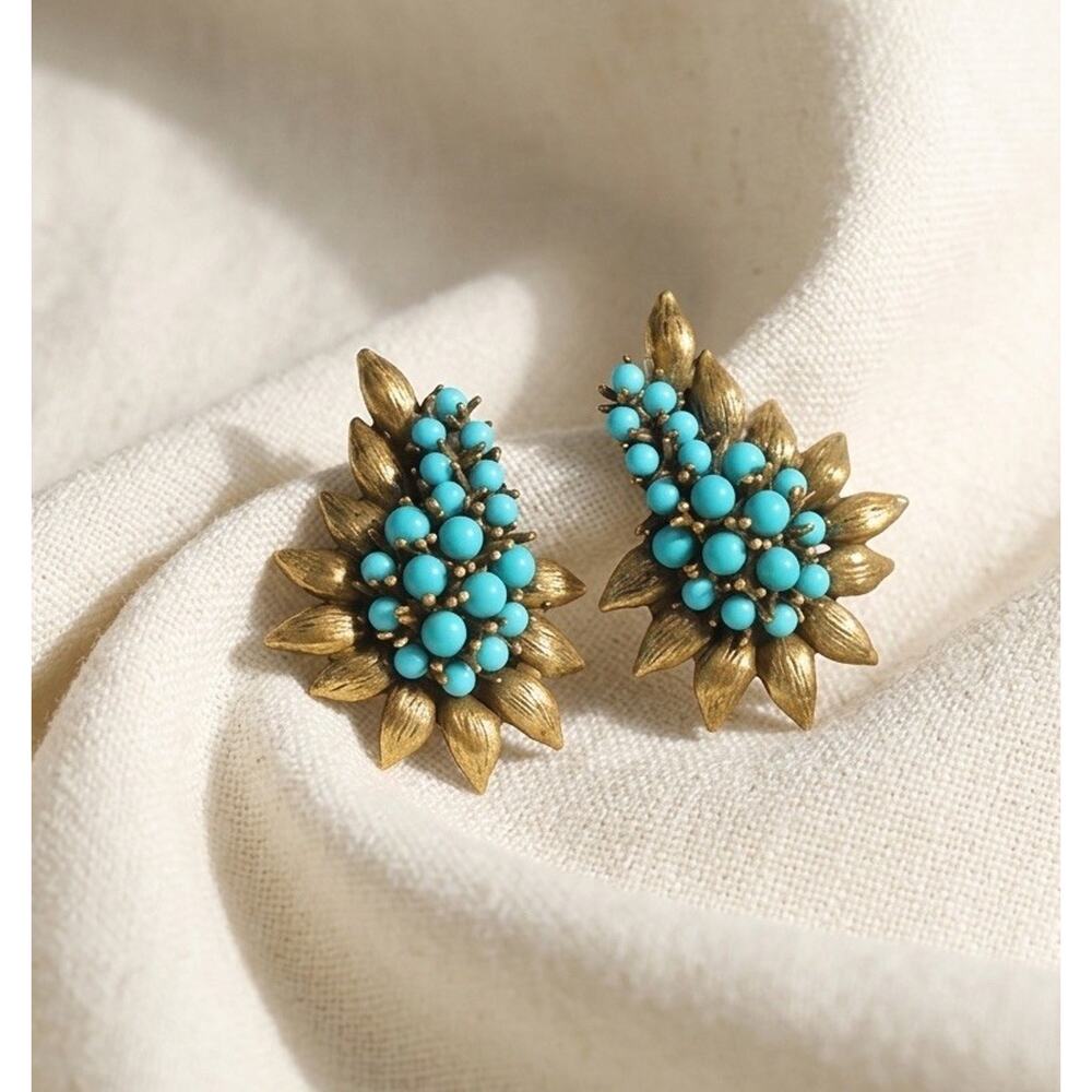 Antique Turquoise Gold Earrings Flower Museum VTG Revival Leaf Botanical Cluster - Picture 2 of 6